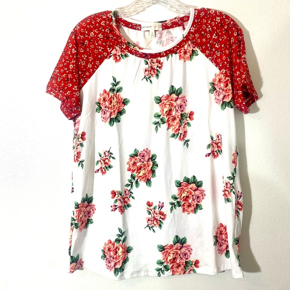 IVORY-PINK/CHERRY red -WINE red + white ROUND NECK FLORAL CONTRAST RAGLAN TOP - Picture 4 of 16